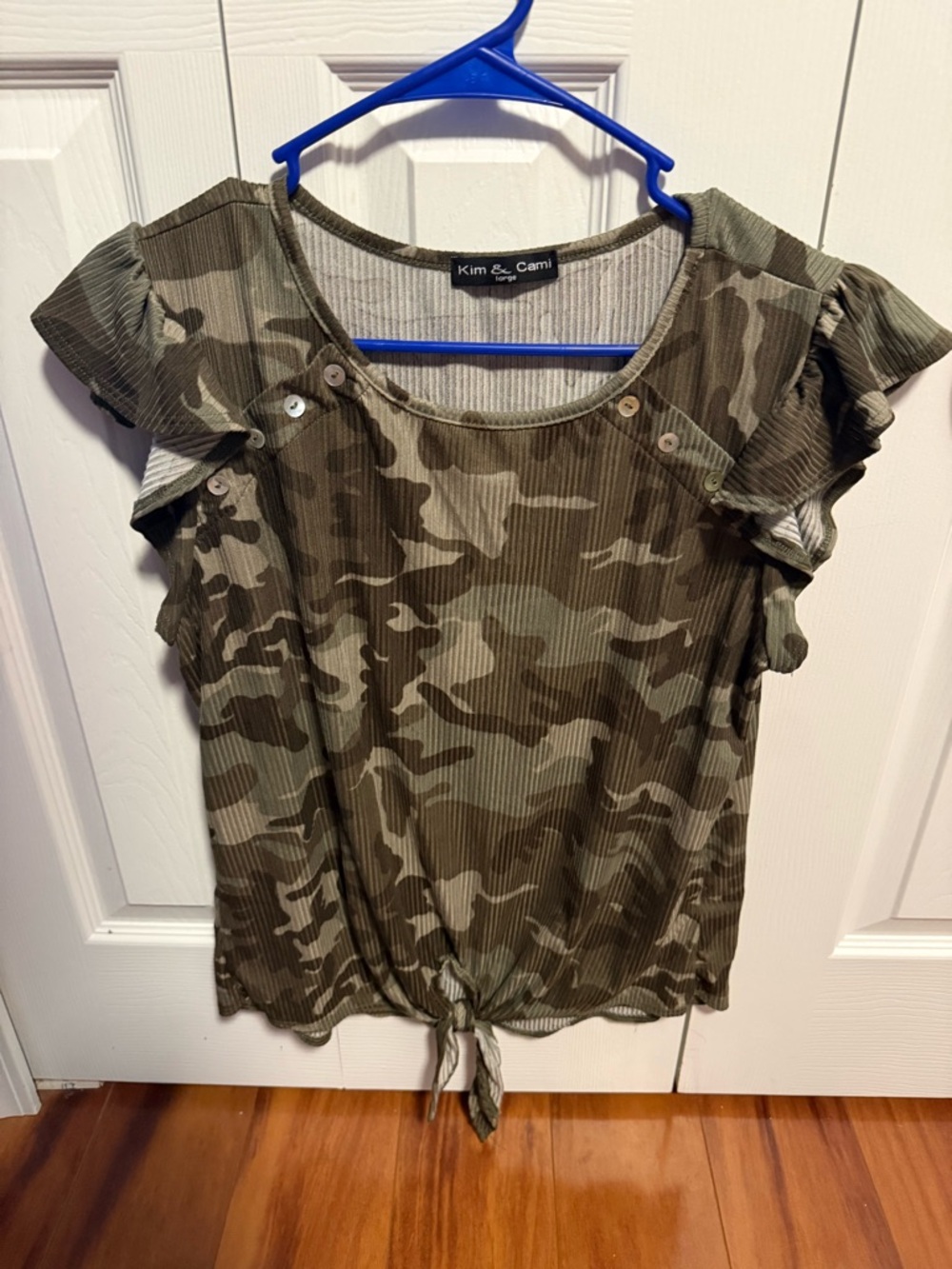 Kim & Cami Olive Camo Tie-Front Ruffle Sleeve Top